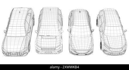 Set of wireframe different models of cars. Vector flat style illustration. Front view car vector illustration. 3D Stock Vector