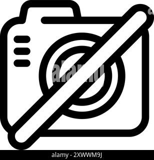 Simple black and white vector icon of a camera with a diagonal line through it, indicating photography is prohibited Stock Vector