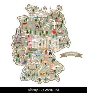 Stylized map of Germany. Vector illustration. German symbols, car, wine, pretzel, mountains and other landmarks. Travel to German. Stock Vector