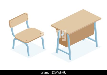 Isometric school desk table and chair. Vector illustration. Objects isolated on white background. Classroom. Stock Vector