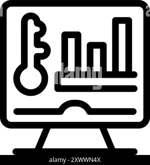 Line icon of a computer screen displaying a key and a bar chart, representing kpi monitoring Stock Vector