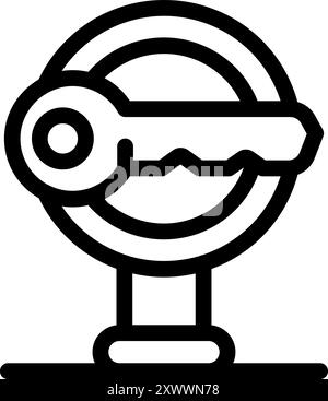 Simple, bold line art icon of a key sitting on a pedestal, symbolizing global security and access Stock Vector