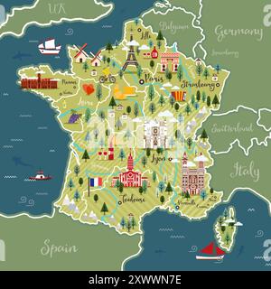 Stylized map of France. Vector illustration. French symbols, cheese, croissant, wine, bicycle, harmonic, mountains and other landmarks. Stock Vector