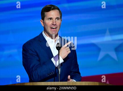 New York City. 19th Aug, 2024. Governor Andy Beshear (Democrat of Kentucky), makes remarks at the 2024 Democratic National Convention in Chicago, Illinois, USA, at the United Center on Monday, August 19, 2024. The convention theme for this evening is âFor the People.â Credit: Ron Sachs/CNP for NY Post (RESTRICTION: NO Daily Mail. NO New York or New Jersey Newspapers or newspapers within a 75 mile radius of New York City.) Credit: dpa/Alamy Live News Stock Photo