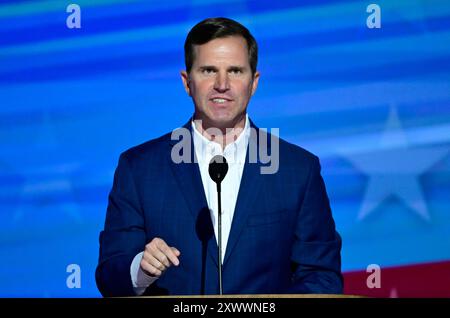 New York City. 19th Aug, 2024. Governor Andy Beshear (Democrat of Kentucky), makes remarks at the 2024 Democratic National Convention in Chicago, Illinois, USA, at the United Center on Monday, August 19, 2024. The convention theme for this evening is âFor the People.â Credit: Ron Sachs/CNP for NY Post (RESTRICTION: NO Daily Mail. NO New York or New Jersey Newspapers or newspapers within a 75 mile radius of New York City.) Credit: dpa/Alamy Live News Stock Photo