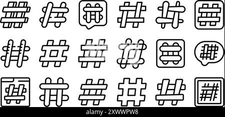 Hashtag symbol icons set. Collection of various hashtag icons symbolizing social media trends, internet communication, and online marketing strategies Stock Vector