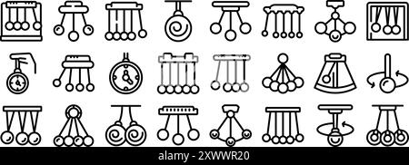 Swinging hypnosis pendulum icons set. Collection of pendulum icons featuring different styles and applications of pendulums, highlighting their use in science, timekeeping, and decoration Stock Vector