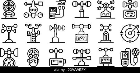 Anemometer icons set. Anemometer measuring wind speed and direction showing air velocity with icons showing weather vane, windsock, and airflow symbols Stock Vector