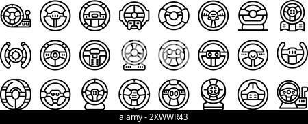 Game controller steering wheel icons set. Line icons representing various steering wheel designs, ideal for projects related to driving, racing, gaming, and transportation Stock Vector