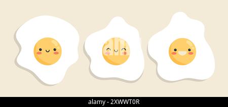 Cute fried egg characters set in flat style. Happy cartoon eggs. Healthy food icons. Vector illustration Stock Vector