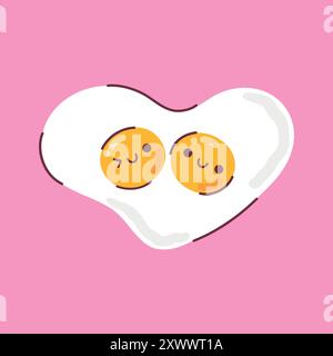 Couple of cute yolks in heart shaped fried egg. Happy kawaii cartoon eggs in childish style. Vector illustration Stock Vector