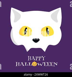 Happy Halloween greeting card with a Cat skull with yellow eyes isolated on purple background. Vector illustration Stock Vector