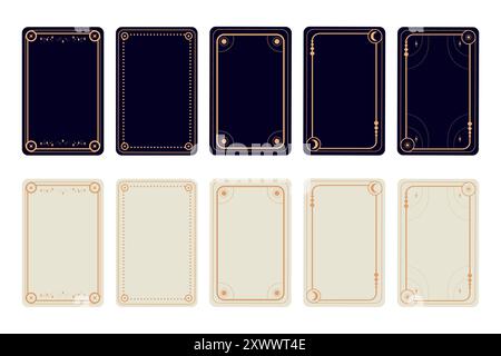 Esoteric magical Tarot cards templates in dark and white colors. Frame border with celestial elements, crescents, stars. Vector illustration Stock Vector