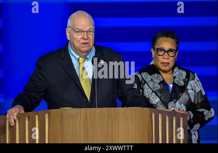 Credentials Committee Report from former United States Secretary of Housing and Urban Development Marcia Fudge, Committee Co-Chair, and James Roosevelt, Jr., Committee Co-Chair is announced during the 2024 Democratic National Convention in Chicago, Illinois, USA, at the United Center on Monday, August 19, 2024. The convention theme for this evening is “For the People.”Credit: Ron Sachs/CNP/Sipa USA for NY Post (RESTRICTION: NO Daily Mail. NO New York or New Jersey Newspapers or newspapers within a 75 mile radius of New York City.) Stock Photo