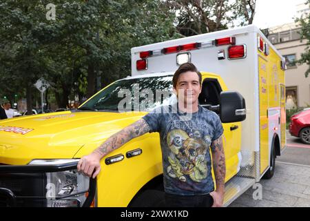 Mexico City, Mexico. 20th Aug, 2024. Drake Bell is posing during the inauguration of 'Ambulancia de los Deseos Mexico', an organization benefiting children with critical illnesses, in Mexico City, Mexico, on August 20, 2024. (Photo by Yamak Perea/Eyepix Group) (Photo by Eyepix/NurPhoto) Credit: NurPhoto SRL/Alamy Live News Stock Photo