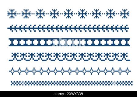 Pixel Border snowflake winter decoration elements. Divider patterns y2k. Simple minimal. Holiday Chirtmas frame. Vector illustration Stock Vector