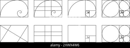 Set of golden ratio templates. Fibonacci sequence grids. Logarithmic spiral in rectangle frame divided on lines, squares and circles. Ideal symmetry proportions layouts. Vector graphic illustration. Stock Vector