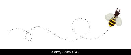 Bee flying doted path, line way. Bumblebee fly route journey for travel. Honey product design, Bee with cute wings. Vector illustration Stock Vector