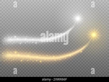 Golden and silver falling stars with stardust trail. Bright cosmic sparkling wave. Vector illustration. Stock Vector