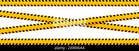 Set of horizontal and crossed caution tapes with attention black and yellow print. Safety borders for barriers in construction work zone or emergency area. Warning stripes. Vector flat illustration. Stock Vector