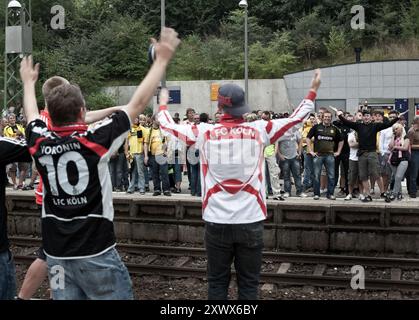 Fans of Borussia Dortmund and 1. FC Köln gather at the Signal Iduna Park-Stadion train station after the match on August 8th, 2009 in Dortmund. Football enthusiasts in team colors express team spirit. Stock Photo