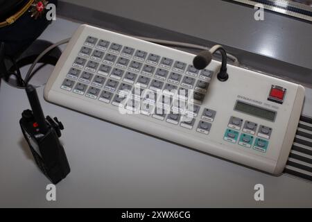 A detailed view of the crowd control system used in the stadium's control room. The image highlights the equipment and technology employed to manage security and monitor soccer fans during a match at Niedersachsenstadion in Hanover. Captured in 2011. Stock Photo