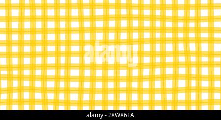 Checkered gingham or vichy pattern in doodle style. Picnic plaid, tablecloth or napkin texture in freehand technique. Yellow crossed uneven lines. Minimalistic aesthetic print. Vector illustration. Stock Vector