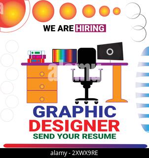 Graphic designer job vacancy: hiring banner with office desk and computer setup Stock Vector