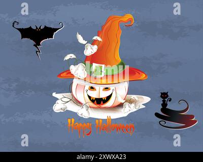 A pumpkin with a witch's hat on top and a cat in the background. The pumpkin is smiling and the cat is looking menacing. The image is an Halloween dec Stock Vector