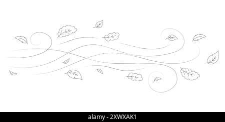 Doodle autumn leaves flying in the wind. Falling season outline backdrop, air flow leaves wave linear pattern or wind blowing doodle vector print Stock Vector