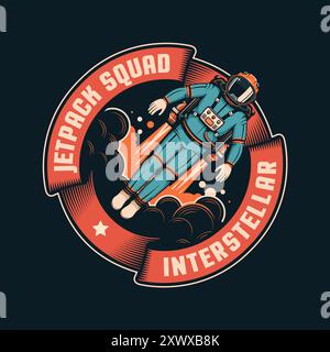 Astronaut propelled by a jetpack - retro badge Stock Vector