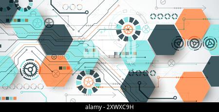 Abstract circuit board background with hexagons. Hi-tech digital technology concept. Hand drawn vector. Stock Vector