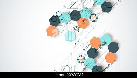 Abstract circuit board background with hexagons. Hi-tech digital technology concept. Hand drawn vector. Stock Vector