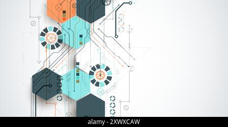 Abstract circuit board background with hexagons. Hi-tech digital technology concept. Hand drawn vector. Stock Vector