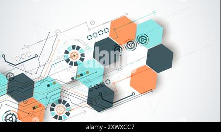Abstract circuit board background with hexagons. Hi-tech digital technology concept. Hand drawn vector. Stock Vector
