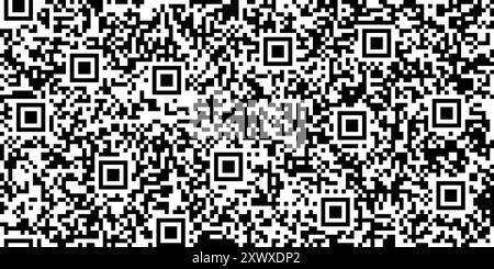 QR-code bg with bw squares and symbols. Seamless pattern of encoded message or binary code for scanning by computer or smartphone. Vector monochrome t Stock Vector