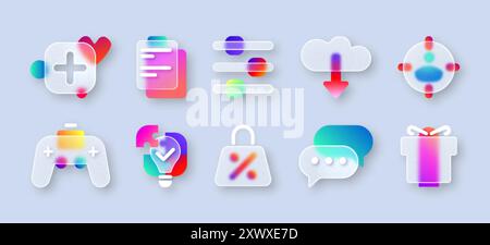 Transparent matte glass morphism ui icon set with blur neon gradient of business strategy, gamepad, social chat, gift box, shopping bag. 3d frosted buttons, mobile app icons with glassmorphism effect Stock Vector