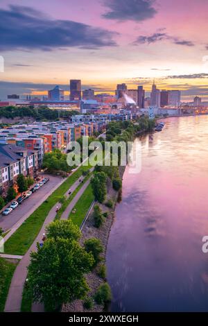 Saint Paul, Minnesota, USA. Aerial cityscape image of downtown St. Paul, Minnesota, USA with reflection of the skyline in Mississippi River at sunrise. Stock Photo