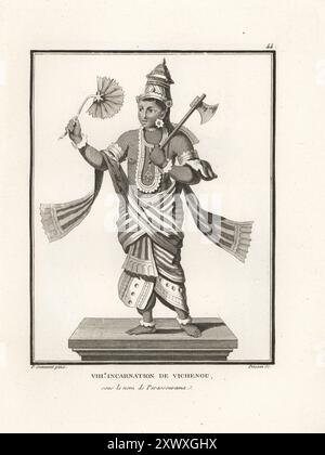 Hindu god Vishnu as Brahmin warrior Parashurama, eighth incarnation. Depicted as a man holding an axe and lotus leaf. Huittieme incarnation de Vichenou sous le nom de Parassourama. Copperplate engraving by Jean-Baptiste Marie Poisson after an illustration by Pierre Sonnerat from his Voyage aux Indes Orientales et à la Chine (Voyage to the East Indies and China, Dentu, Paris, 1806. Stock Photo