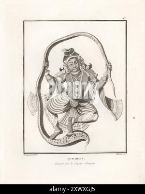 Hindu god Vishnu as the avatar Krishna, ninth incarnation,  dancing on the head of the venomous cobra Naga Kaliya. Neuvieme incarnation de Vichenou Quichena dansant sur le serpent Calengam. Copperplate engraving by Jean-Baptiste Marie Poisson after an illustration by Pierre Sonnerat from his Voyage aux Indes Orientales et à la Chine (Voyage to the East Indies and China, Dentu, Paris, 1806. Stock Photo