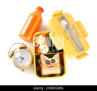 Lunch box with snacks, bottle of juice, cutlery and alarm clock isolated on white, top view Stock Photo