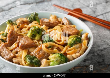 Asian style beef, noodles, mushrooms and broccoli in one bowl close-up on table. Horizontal Stock Photo