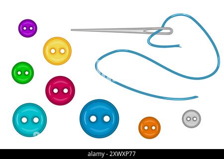 Clothing buttons and needle with threadd. Sewing kit with buttons, thread and needle. Needle with thread for sewing. Clothing fastener or tailor items Stock Vector