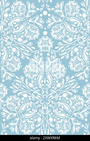 Vector decorative seamless pattern with white ornate lace on blue background. Surface design of delicate floral ornament for fabrics and wrapping pape Stock Vector