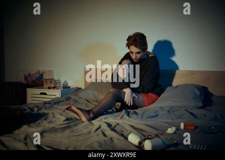 A stylishly dressed woman sits on a bed, posing for a photograph in an active and expressive way. Stock Photo