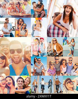 Unleashed fun. Collage of diverse multi-ethnic young people expressing positive emotions in different situations Stock Photo