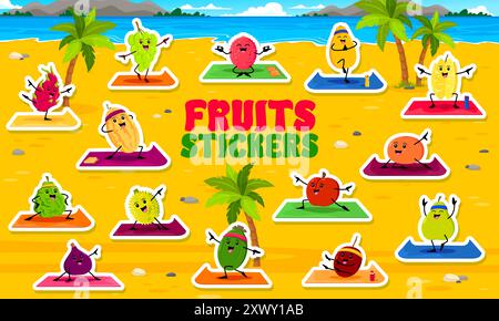 Cartoon fruit characters on summer beach yoga fitness, stickers pack. Vector playful fruits enjoying fitness activities and exercises on a yoga mats, Stock Vector