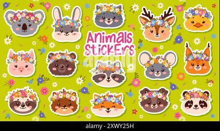 Cute animal stickers with flower crowns. Koala, rabbit, cat and deer, chick or pig. Bear raccoon, mouse and fox, puppy, sloth, panda or squirrel with hedgehog. Cartoon vector pets with floral wreaths Stock Vector