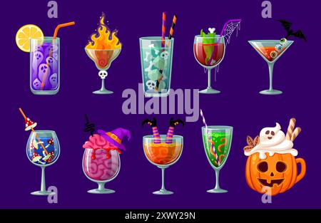 Halloween cocktails. Happy Halloween holiday, autumn season celebration, fall season witchcraft or horror party cocktail drinks glasses vector icons set with skulls, zombie fingers and brain, mushroom Stock Vector