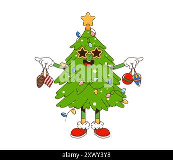 Retro groovy Christmas holiday pine tree character wearing star-shaped glasses and holding ornaments. Isolated cartoon vector decorated pine or conife Stock Vector